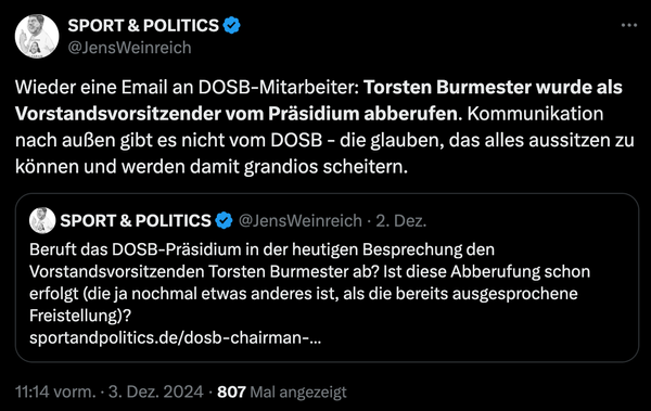 DOSB rast gegen die Wand. Burmester weg. Weikert kämpft um seinen Posten.